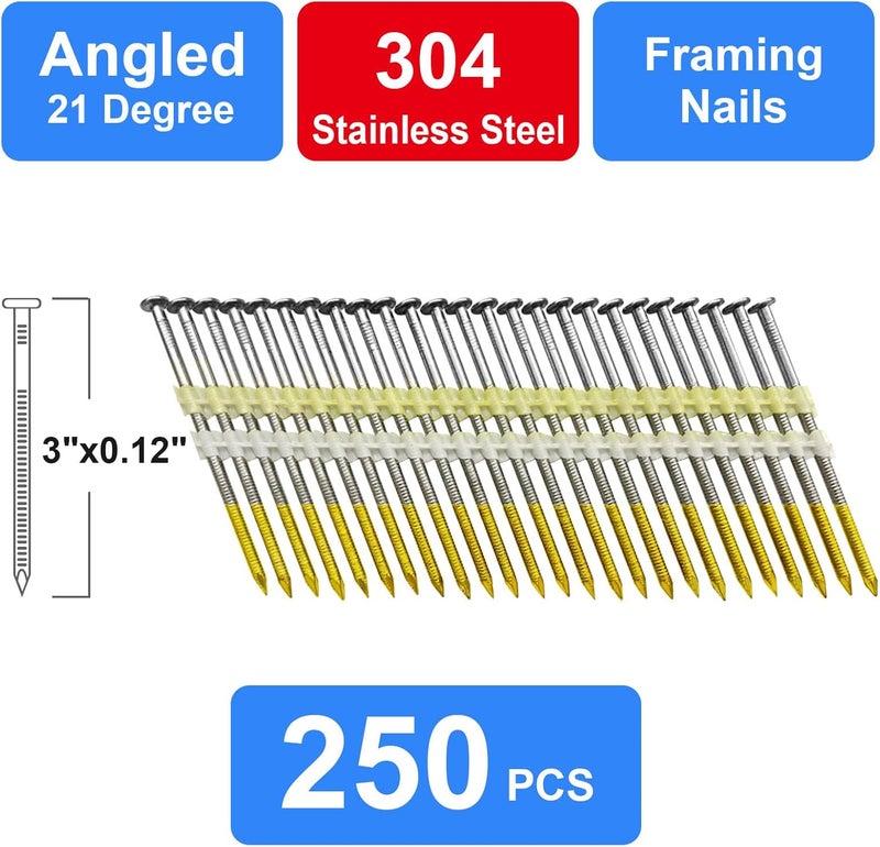 SimCos Framing Nails 304 Stainless Steel 21° Full Round Head Nail 21 Degree Ring Shank Nail for Pneumatic, Electric 21 degree Framing Nailer (3"-250 pcs) - Image 3